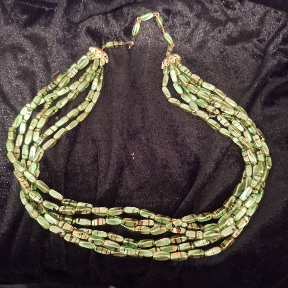 6 strand green bead necklace 17 In.
